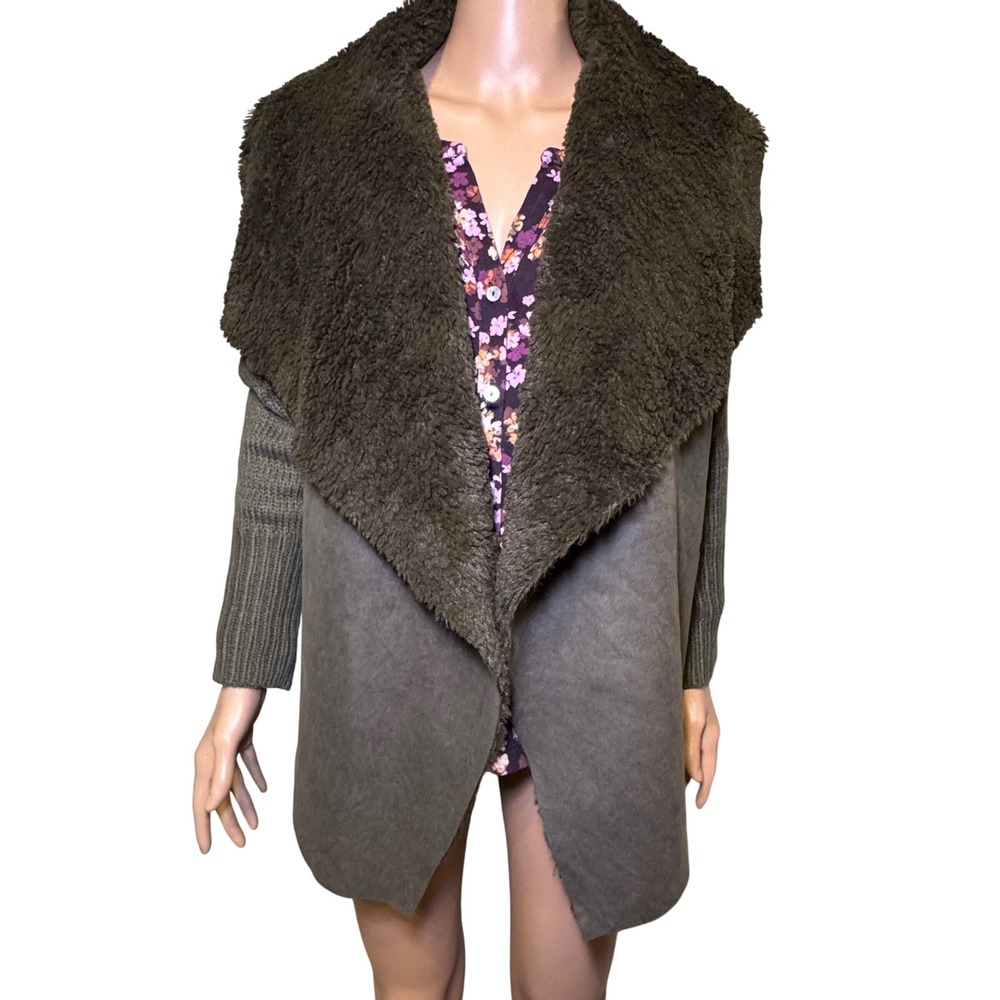 Umgee Olive Green Faux Suede &‎ Fur Sweater Cardigan Wrap Size Small